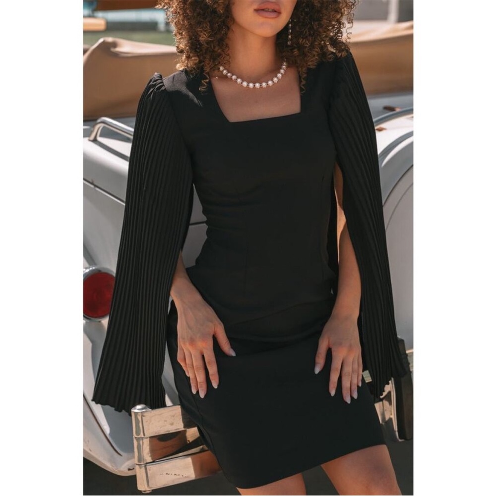 Ivy City Co Black Mini Dress with Pleated Sleeves